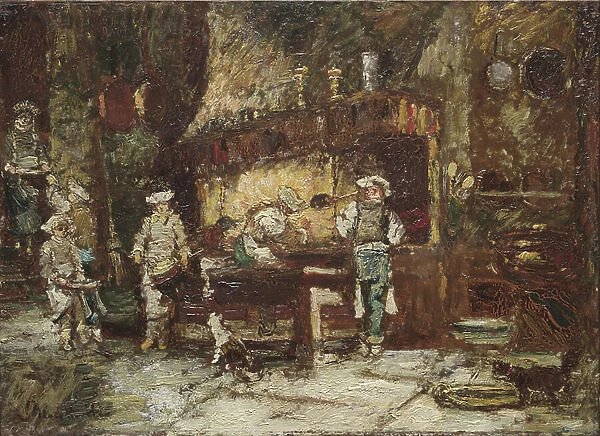 The Kitchen of the Rotisserie des Deux Paons, c.1875-81 (oil on wood panel)