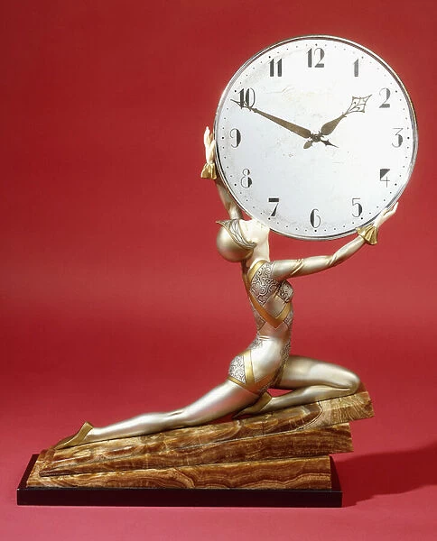 Kneeling Girl with a Clock (bronze & ivory, chromed metal clock