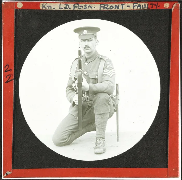 Framed Print : Kneeling Loading Position - Front, 1914 (lantern slide) Framed Print : Kneeling Loading Position - Front, 1914 (lantern slide)