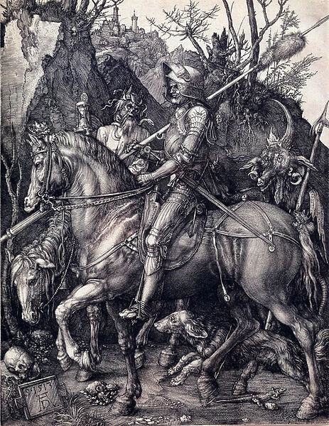 The Knight, Death and the Devil Engraving by Albrecht Durer (1471-1528) 1513 Sun