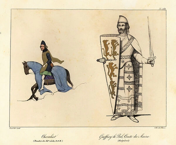 Knight on horesback in helmet and hauberk (from an 11th century psalter) and Geoffrey V with shield with four lions rampant