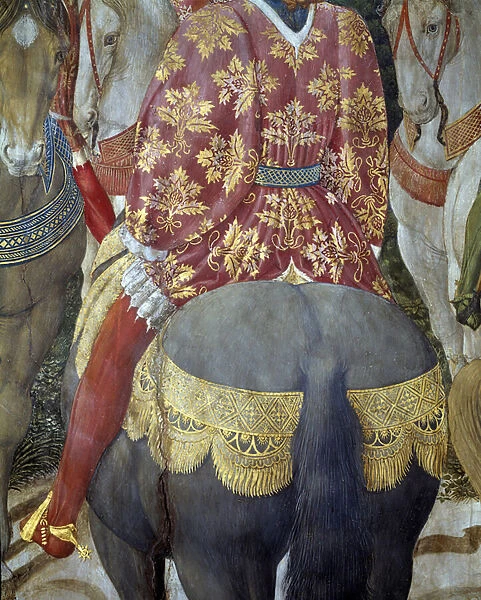 Knight on horseback in sumptuos attracts, detail from the Adoration of the Magi (Fresco