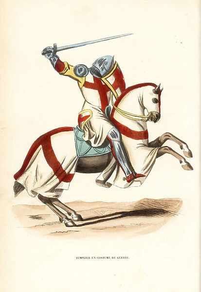 Knight of the Knights Templar in battle costume, Templier en costume de guerre. Handcoloured woodblock engraving after an illustration by Jacques Charles Bar from Abbot Tirons Histoire et Costumes des Ordres Religieux