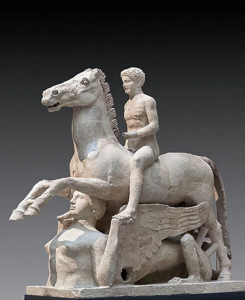 Knight Marafioti, Young knight supported by a sphinx, 420-400 BC (polychrome terracotta)