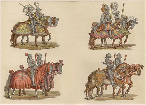 Knights on horseback (colour litho)