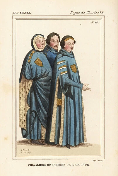 Knights of the Order of the Golden Shield, knights of the order of the ecu d or, founded by Louis II Duke of Bourbon in 1369. The ceremonial robes have gold shields on the chest