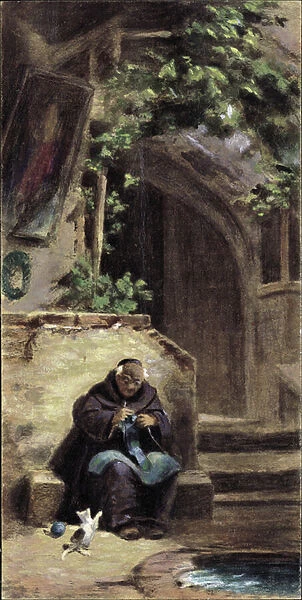 Knitting Monk (oil on canvas)