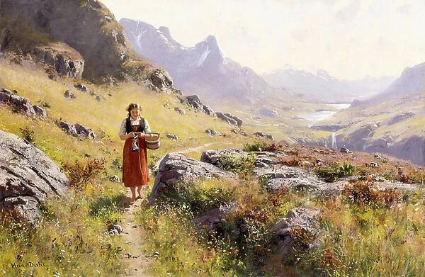 Knitting in a Norwegian Landscape, (oil on canvas)