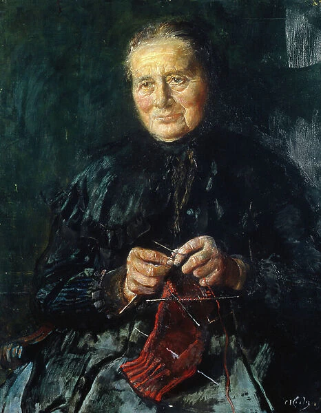 Knitting old woman (oil on canvas)