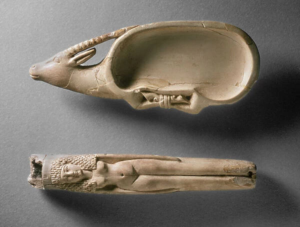 Kohl tube in the form of a nude female and cosmetic dish in the form of an ibex with