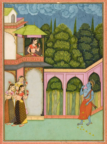 Krishna approaches Radha, folio from a 'Rasikpriya', dated c. 1690 (opaque watercolor and gold on paper)