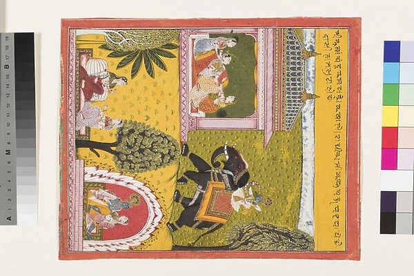 Krishna comes to the lovesick Radha, c. 1700 (opaque w  /  c & gold on paper)