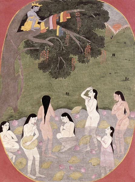 Krishna with the Cow Girls clothes, Tehri-Garhwal, c. 1820-30 (w  /  c on paper)