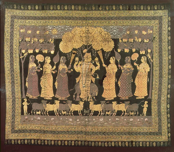 Krishna and his Gopis (opaque w  /  c, gold, and silver on dyed cotton)