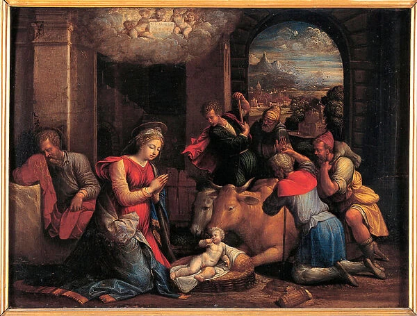 L adoration des bergers (The Adoration of the Shepherds) - Peinture de Benvenuto Tisi da Garofalo (Il Garolafo) (1481-1559), huile sur bois, 41, 5x55 cm, 1536-1537, art italien, 16e siecle, manierisme - Musei Capitolini, Rome (Italie)