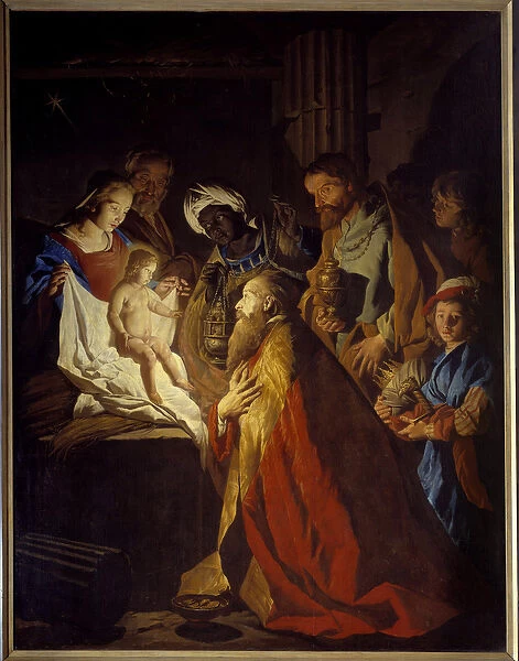 L adoration des rois mages Painting by Mathias Stomer (Matthias Stom) (1600-1650