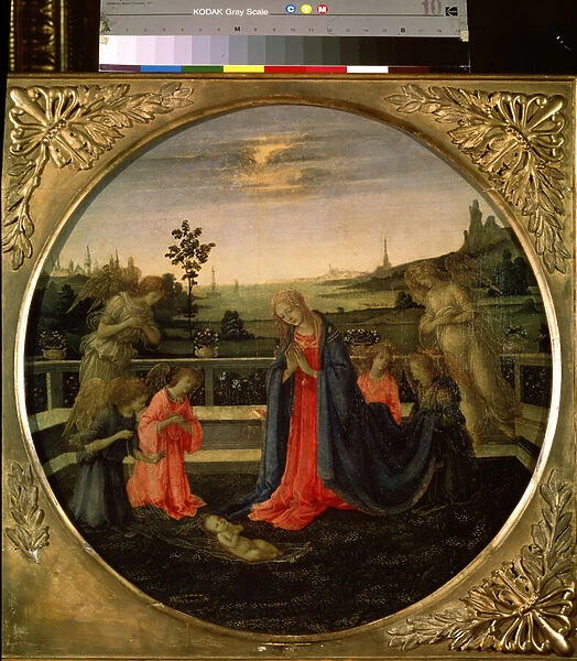 L adoration du Christ (The Adoration of the Christ Child). Jesus Christ enfant adore par la Vierge Marie et les anges. Peinture de Filippino Lippi (1457-1504), vers 1480. Tempera sur cuivre. Art florentin, epoque Renaissance