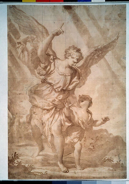 'L ange gardien'(Guardian angel) Dessin a la plume de Domenico Piola (1627-1703) Musee Pouchkine, Moscou