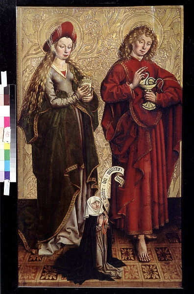 L apotre Jean, Marie Madeleine et la donatrice (John the apostle, Mary Magdalen and donor). Peinture de Martin Schongauer (vers 1445 ou 1450-1491). Huile sur bois, 103 x 61, 5 cm, fin 15e siecle. art allemand, renaissance