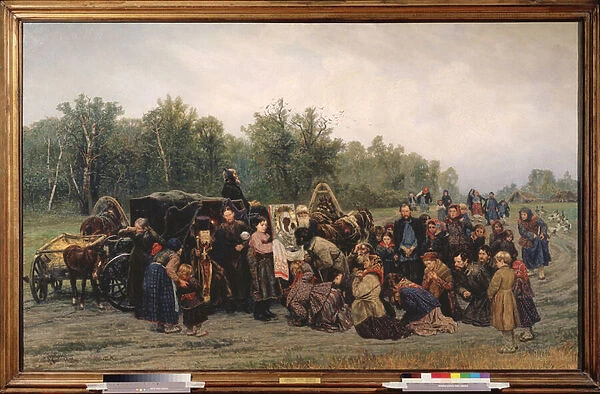 L arrivee d une icone (Arrival of an icon) (Sur une route de campagne, les villageois accourent pour voir ets agenouiller devant le tableau, apporte par un pope orthodoxe) - Peinture de Konstantin Apollonovich Savitsky (1844-1905)