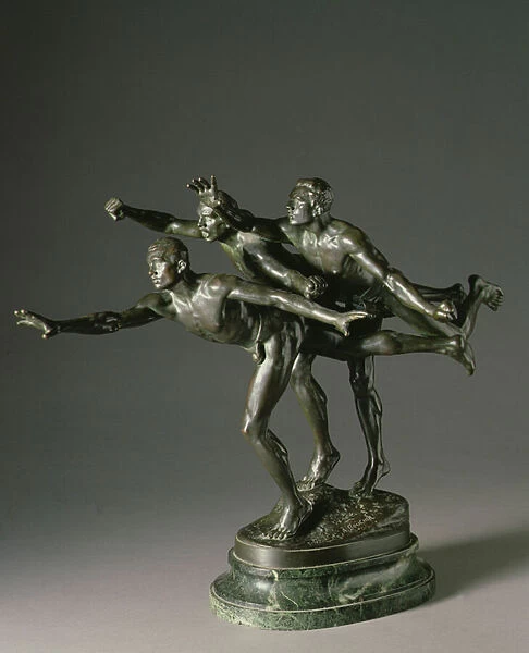 L Arrivee de la Course a Pied (bronze sculpture on a green marble base)