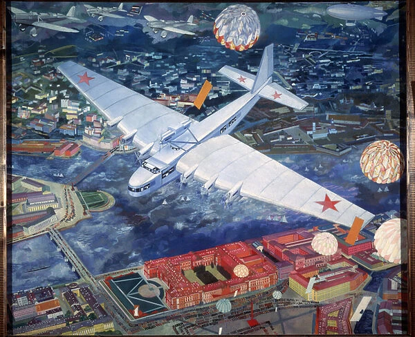 L avion ANT 20 Maxime Gorki. (The Aeroplane ANT 20 Maxim Gorky). Vue aerienne du plus grand avion sovietique des annees 30, propulse par huit moteurs, concu par Andrei Tupolev (1888-1972)