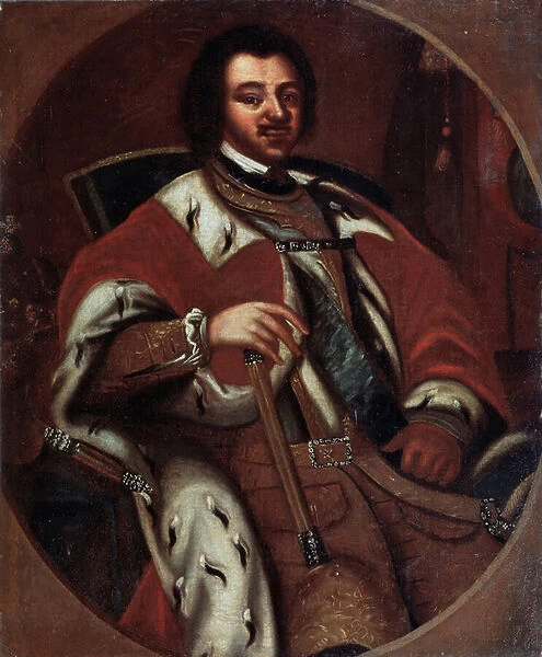 L empereur russe Pierre I (le Grand) (1672-1725) sur son trone (Emperor Peter I enthroned). Peinture anonyme. Huile sur toile, debut 18e siecle. State Art Museum, Yaroslavi (Russie)