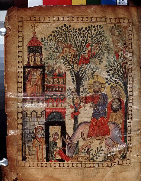 L entree du Christ a Jerusalem (Israel) (The Entry of Christ into Jerusalem). Enluminure du maitre du Codex Matenadaran (13e siecle), miniature, aquarelle sur parchemin, 1211. Art armenien, moyen age 13e siecle