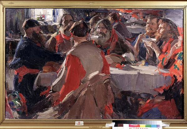 L heure du the (Tea drinking). Peinture d Abram Yefimovich Arkhipov (1862-1930). Huile sur toile, 79 x 31 cm. Art russe, fin 19e-debut 20e siecle. State B. Kustodiev Art Gallery, Astrakhan (Russie)