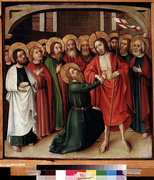 L incredulite de saint Thomas (The incredulity of Saint Thomas). Jesus Christ tient un drapeau blanc (etendard) frappe d une croix rouge et son aureole est marquee d une croix. Peinture d un maitre de Souabe (actif vers 1500)