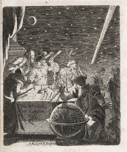 L observation du ciel au temps de Galilee (Galileo Galilei, 1564-1642) - Gravure extraite de 'Von Bedeutung der Cometen', de Pierre Petit (1598-1677)
