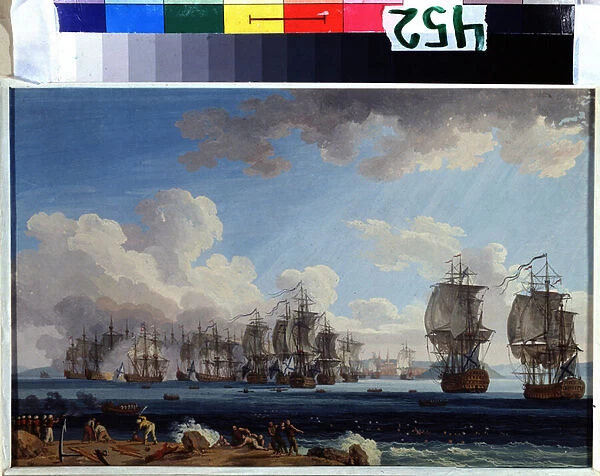 'La bataille de Tchesme le 05  /  07  /  1770'(The naval Battle of Chesma on 5 July 1770) Elle opposa les flottes de la Russie de Catherine II et de l Empire ottoman a Chios en Grece (Revolution d')