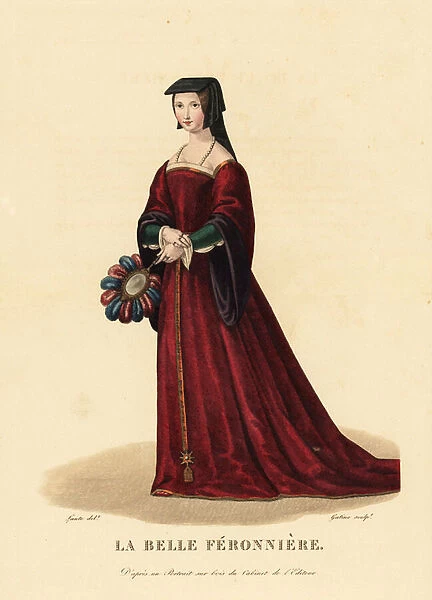 La Belle Feronniere, mistress of King Francis I of France. Possibly wife of a furrier, or a lawyer called Feron. She wears a simple chaperon headdress with brim, red velvet robe with wide sleeves, and holds a feathered mirror