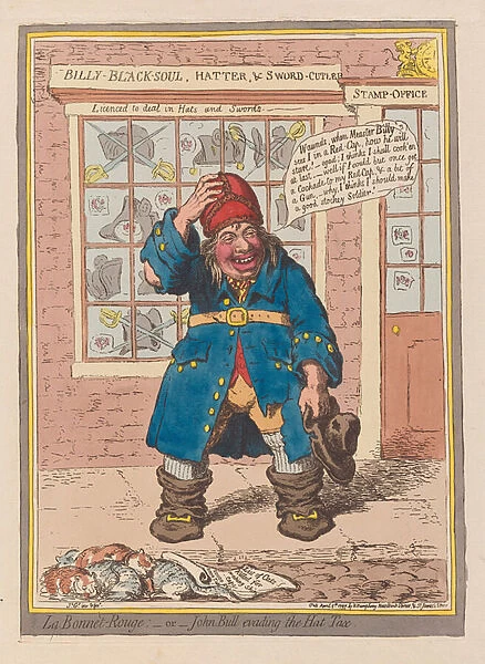La Bonnet Rouge or John Bull evading the Hat Tax, pub. 1797 (handn coloured engraving)