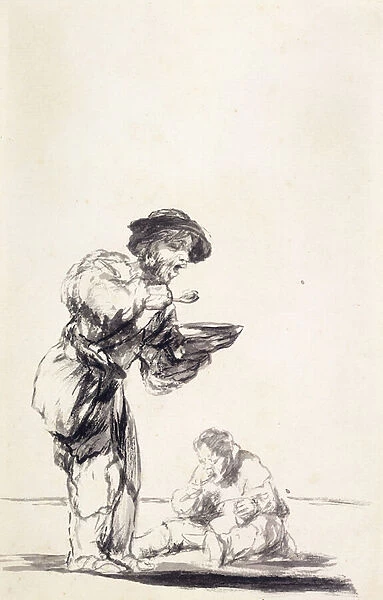 La Bouillie : Beggars Eating Mash, (black lead, brush and gray wash)