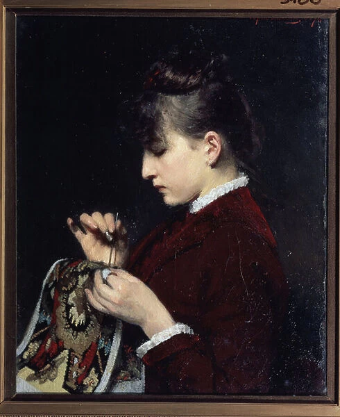 La brodeuse (The Embroideress). Jeune fille de profil, le visage serieux, concentre sur sa tache, les mains tenant son ouvrage, et une aiguille. Peinture de Yuri Jacovlevich Lehman (Youri Leman) (1834-1901), huile sur toile, 1887