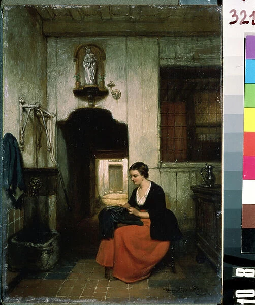 'La brodeuse'(The embroideress) Jeune femme faisant des travaux de couture dans un interieur belge. Peinture de Hubertus van Hove (1814-1865) 1860 Mikhail Kroshitsky Art Museum, Sevastopol (Sebastopol) Ukraine