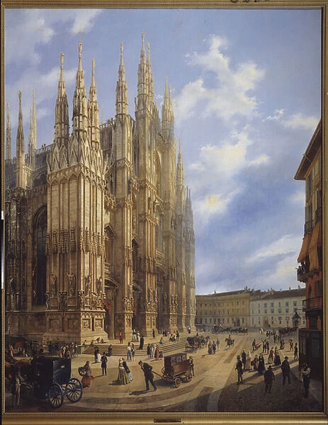 La cathedrale (Duomo) de Milan (Italie). Peinture de Luigi Premazzi (1814-1891), huile sur toile, 1846. Art italien, 19e siecle, academisme. State Art Museum, Toula (Russie)