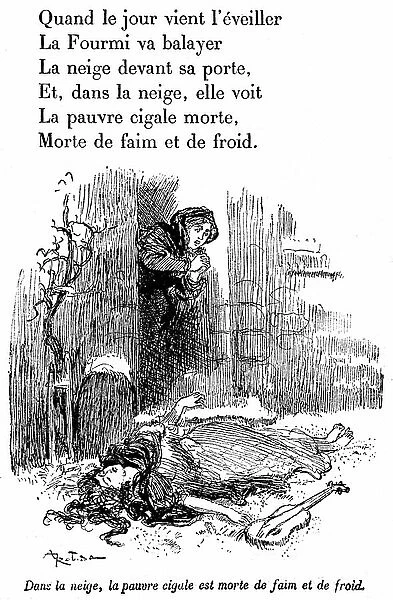 La cicada et la ant: illustration by Albert Robida (1848-1926) for the famous fable of La Fontaine adapted by poet Emile Hinzelin. In the snow the poor cicada died of hunger and cold
