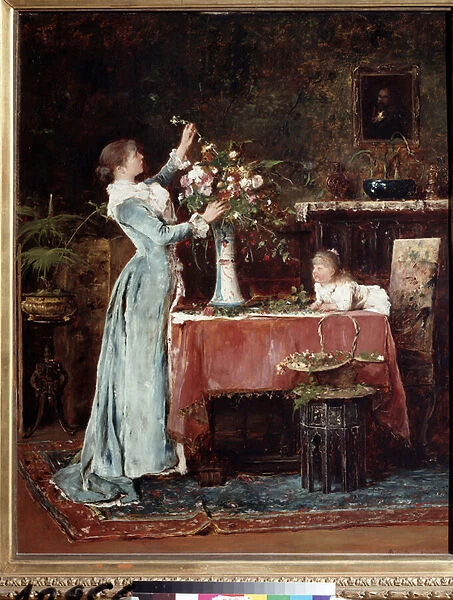 'La composition du bouquet'(Composing a Bouquet) Une femme de la bourgeoisie (hongroise ?) preparant un bouquet de fleurs, sa fille la regarde. Peinture de Mihaly Munkacsy (1844-1900) 1880 environ Musee Pouchkine, Moscou