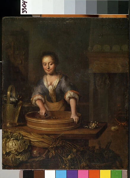 'La cuisine'(The cook) Une jeune cuisiniere dans une cuisine de campagne, preparant des choux. Peinture de Louis de Moni (1698-1771) Musee des Beaux Arts de Mikalojus Konstantinas Ciurlionis, Kaunas, Lituanie