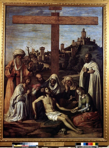 'La deposition'Inscription 'INRI'sur la croix. Peinture de Giovanni Battista Cima da Conegliano (vers 1459-1517) 16eme siecle Dim. 199x148 cm Musee Pouchkine, Moscou