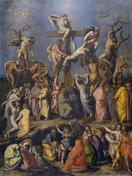 La Descente de Croix - Peinture de Alessandro Allori (1535-1607), huile sur toile (70x54 cm), vers 1560 - (The Descent from the Cross, Oil on canvas by A. Allori, c. 1560) - Museo del Prado, Madrid