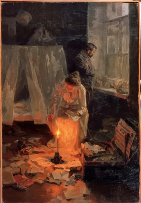 Framed Print : La dissolution (The Dissolution). Dans un interieur en desordre, un couple, la femme brule des documents a la flamme de la bougie, tandis que l homme se tient devant la fenetre l air pensif