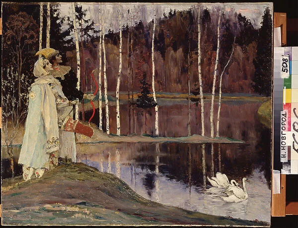 La double harmonie (Dual Harmony). Un couple en costume et maquillage de theatre, regarde le ciel pres d un lac sur lequel un couple de cygne nage tranquillement. Peinture de Mikhail Vasilyevich Nesterov (1862-1942), huile sur toile, 1905