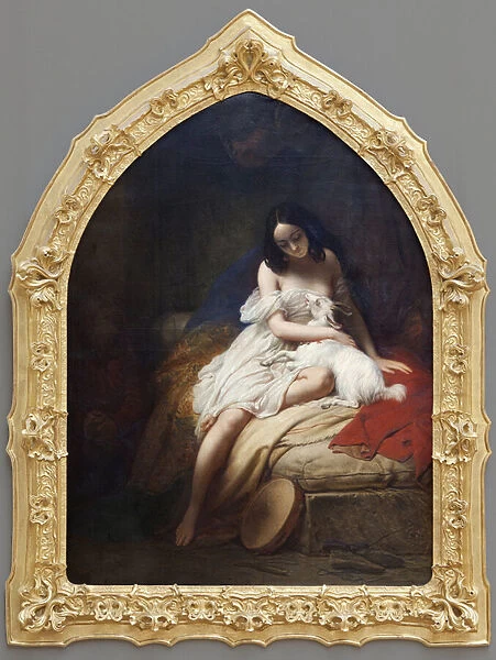 La Esmeralda, character in Notre Dame de Paris by Victor Hugo, Oil painting on canvas by Charles von Steuben (1788-1856), showing the dancer with the Basque drum hidden in a tower of Notre Dame, after being saved by Quasimodo