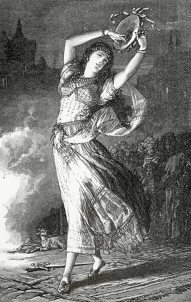 La Esmeralda - illustration from Notre Dame de Paris, 19th Century (b  /  w engraving)