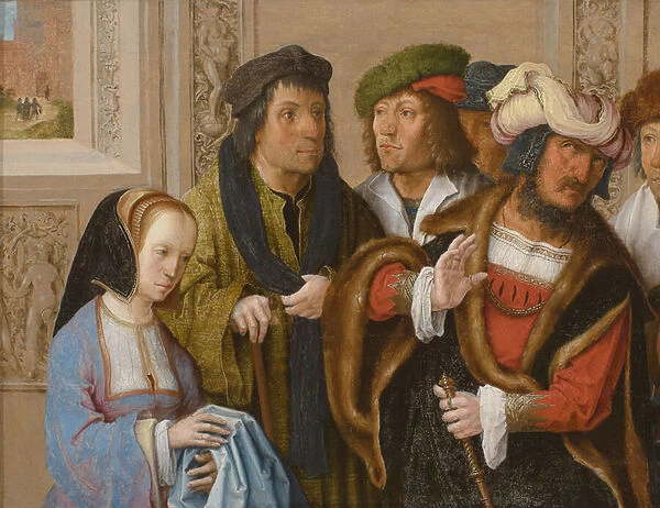 La femme de Potiphar (Putiphar) montre le vetement de Joseph (Potiphars Wife Displays Josephs Garment) - Oil on wood (26x36 cm), by Lucas van Leyden (1489  /  94-1533), detail, ca 1512 - Museum Boijmans Van Beuningen, Rotterdam