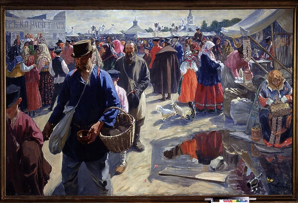 La foire (A Fair). Scene de marche dans une ville provinciale russe, dans une atmosphere traditionnelle, avec des paysans et des vendeurs. Peinture de Ivan Semyonovich Kulikov (Koulikov) (1875-1941), huile sur toile, 1910-1912