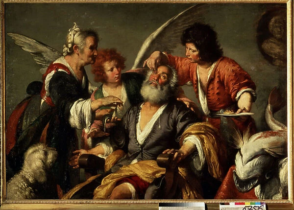 La guerison de Tobie (The healing of Tobit). Sur les conseils de l Archange Raphael, le jeune Tobie utilise le fiel d un poisson pour redonner la vue a Tobie, son pere. Peinture de Bernardo Strozzi (1581-1644)